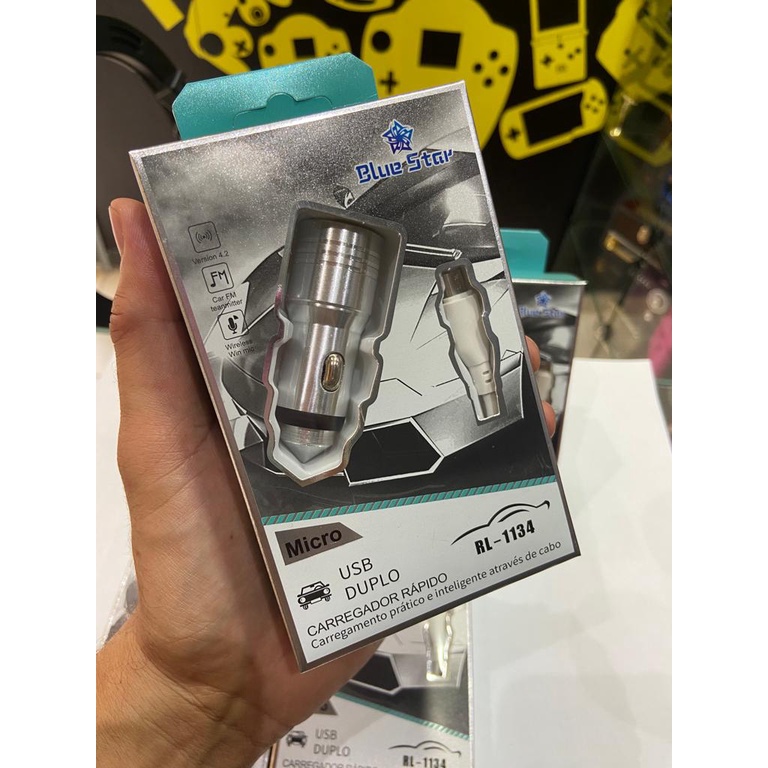 Carregador Carro Automotivo Micro Usb V8 Turbo Para Celular Base Cromado 2 Entrada Usb + Cabo usb Rl 1134