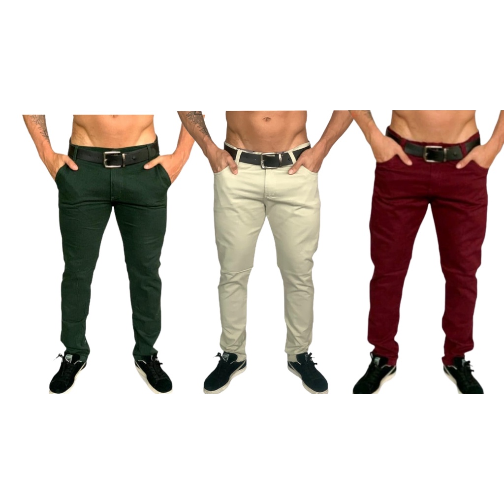 Kit 3 Calças Tradicionais Verde musgo Gelo e Bordô Slim FIt Sarja Sport Fino