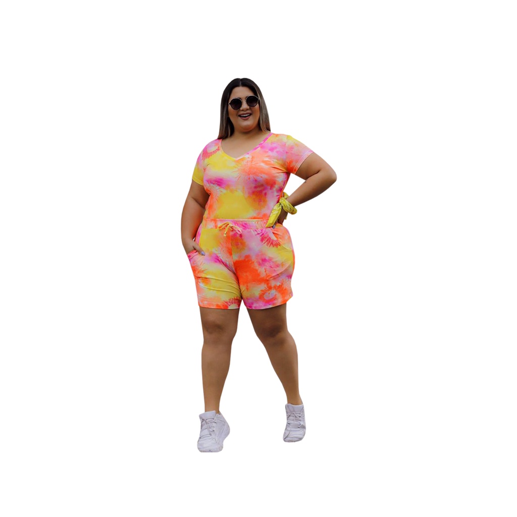 Plus Size Conjunto Short Tie Dye Conjunto Blusa Manga Princesa