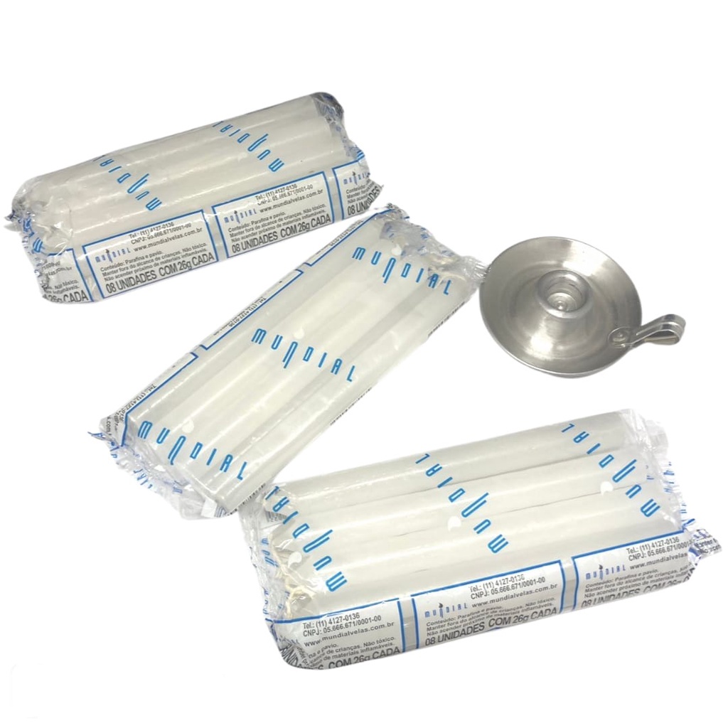 Kit 03 Maços de 210g Vela Palito + 01 Castiçal de Alumínio
