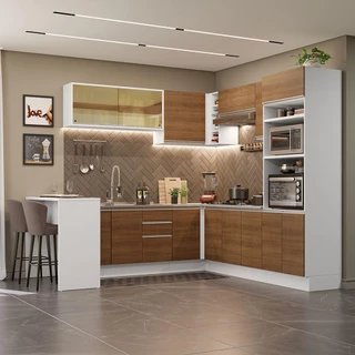 Cozinha Completa de Canto Madesa Glamy 504001 com Armário e Bancada (S/ Tampo e Pia) - Branco/Rustic em Oferta na Shopee
