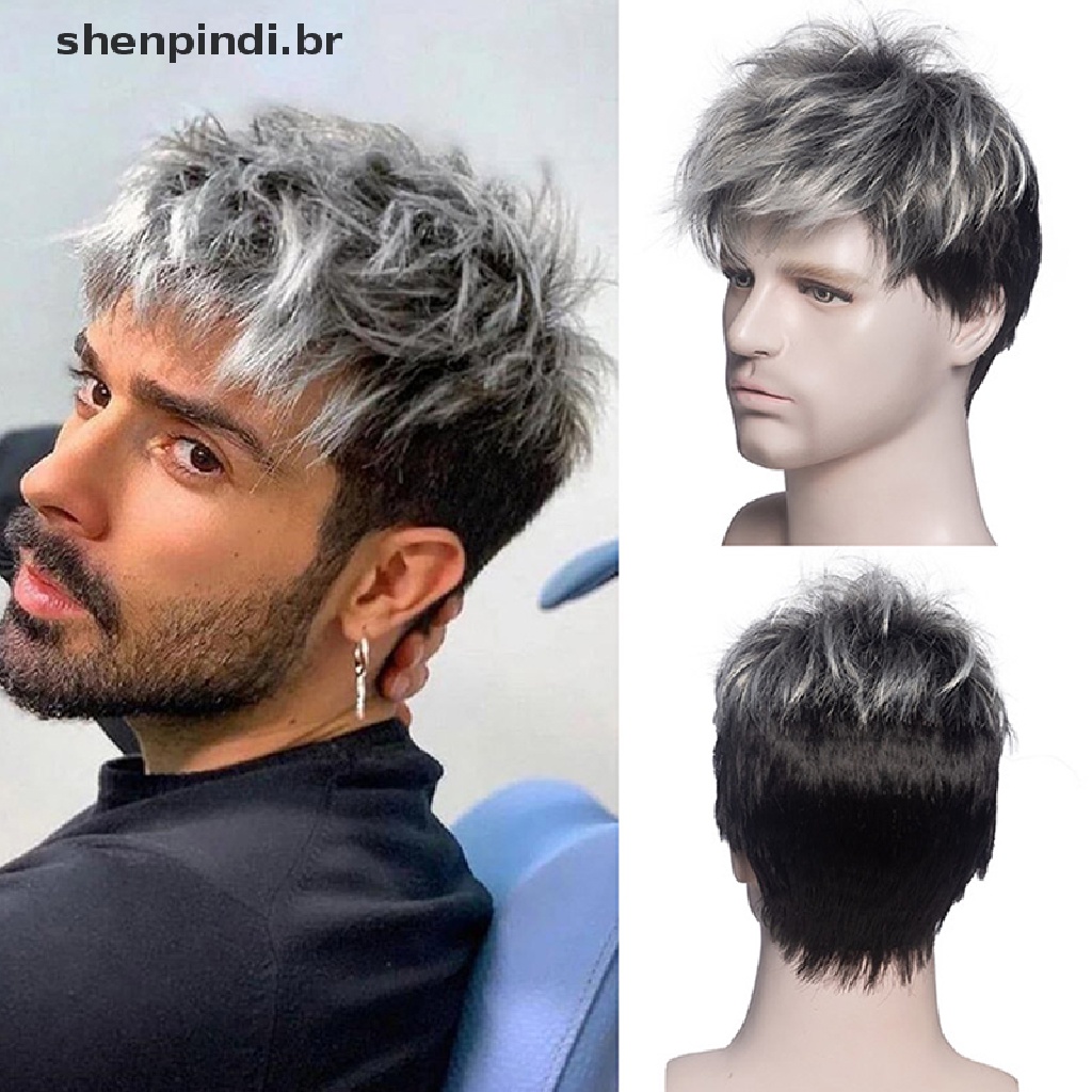 Resistente ao calor Perucas Masculinas Bonito Masculino Texturizado Perm  Cabelo Curto Peruca Fofo Em Camadas Franja Lateral Cabelo Liso Perucas  Completas Para Traje Diário Sintético