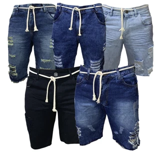 Kit 5 Shorts Jeans Masculina Rasgada Com Cordão
