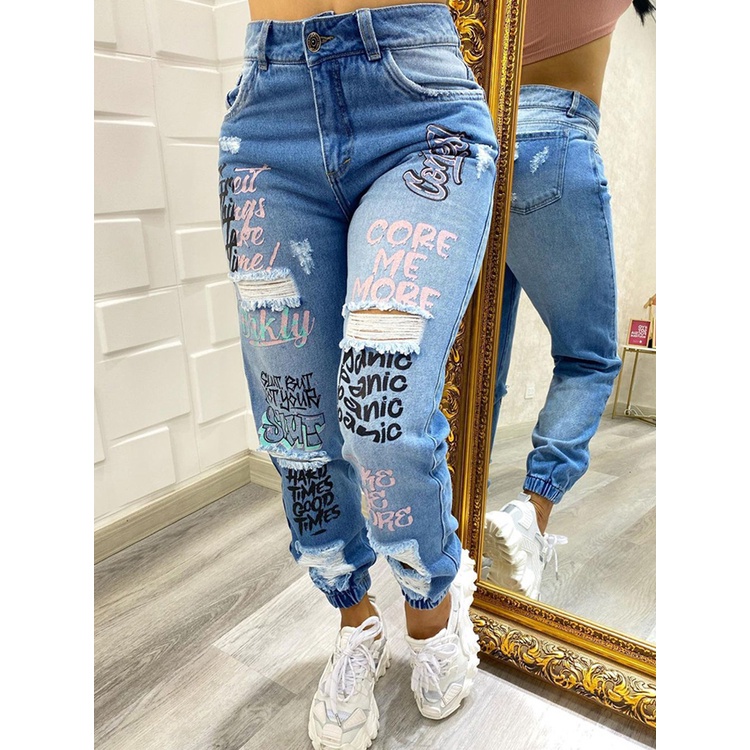 Calça jeans fofa com estampa de grafite e cintura alta, estampa de desenho  animado Kawaii, calça jeans casual com bolso e corte, jeans e roupas  femininas - Temu Portugal
