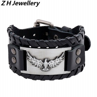 [Z H Jóias] Hip Hop Rock Retro Moda Masculina Viking Eagle Rune Pulseira De Couro Acessórios De Para Festa
