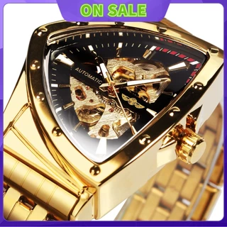 relogio Tempo limitado especial!!! T-WINNER Relógio De Pulso Triângulo WINNER Gold Black Skeleton Para Homens Mecânico Automático De Luxo Irregular De Aço Inoxidável