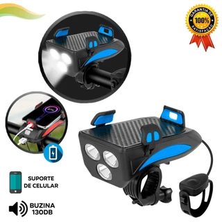 Farol Bike Triplo Led Powerbank Recarregável Suporte Para Celular Buzina