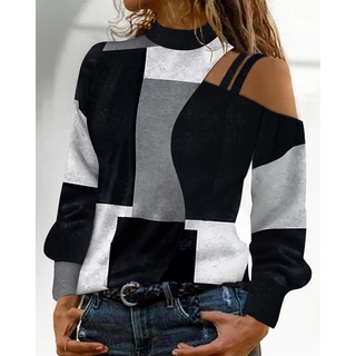 Primavera Outono Novo Estilo de Outono Novo Estilo de Bloco Geométrico Simples Padrão de Bloco Geométrico de Manga Longa Camiseta de Senhora 2024
