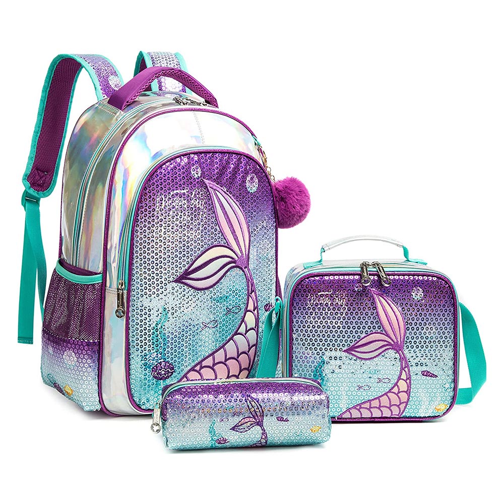 Mochila sereia para meninas 16" com lantejoulas brilhantes para alunos da pré-escola elementar Mochila infantil com lancheira para menina