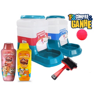 Kit Bebedouro Comedouro Shampoo Condicionador Rasqueadeira para Cães