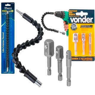 Kit Extensor Haste Prolongador 1/4 Ferramenta Braço Flexível Parafusadeira + Adaptador