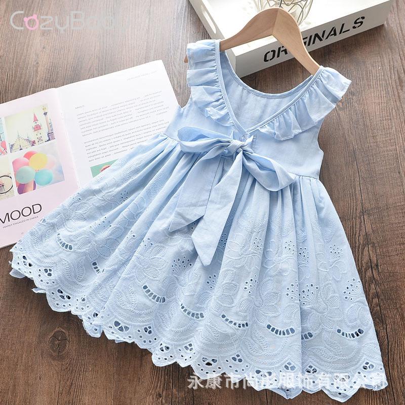 Cozybaby Vestido De Verão Feminino Sólido Com Renda Oca Colete Laço