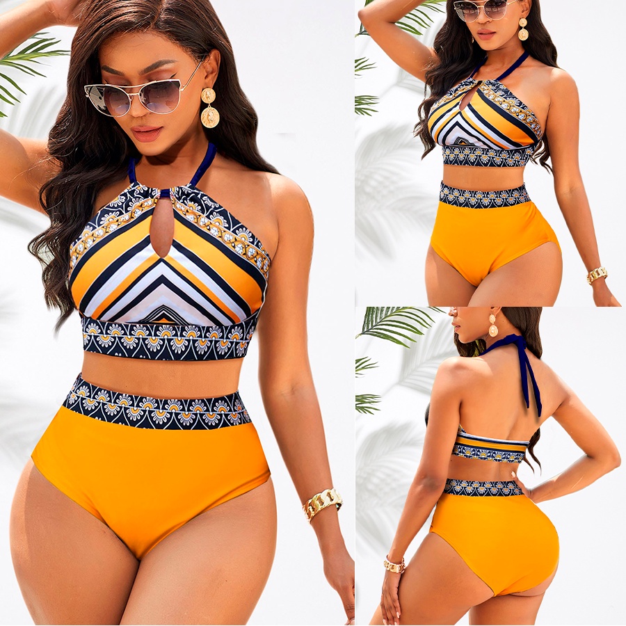 Conjunto de biquíni sexy solto de cintura alta biquíni amarelo solto