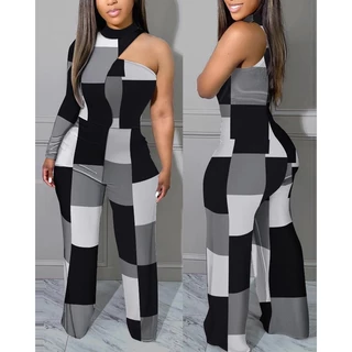 Novo Estilo Moda Estampada Manga Única Macacão Senhoras Outono Inverno Casual Calças Slim-Fit Jumpsu