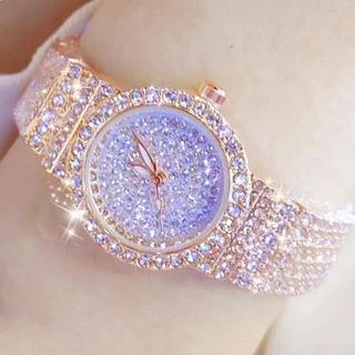 Relógios Femininos Brilhantes De Luxo Pequeno Discador Rosa Gold Senhoras Aço Inoxidável Gelado Out Relógio Com Movimento Quartzo Cristal Rhinestone Diamante