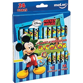 Caneta Hidrocor Bicolor MOLIN Mickey Mouse - 12 Canetas 24 Cores