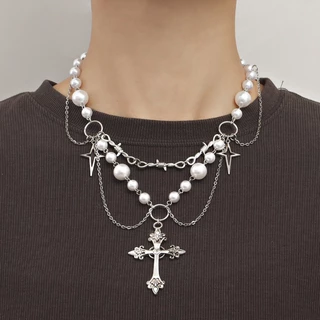 AUTU Gothic Colar Pingente Cruz Punk Gargantilha Pérola Mulher Jóias