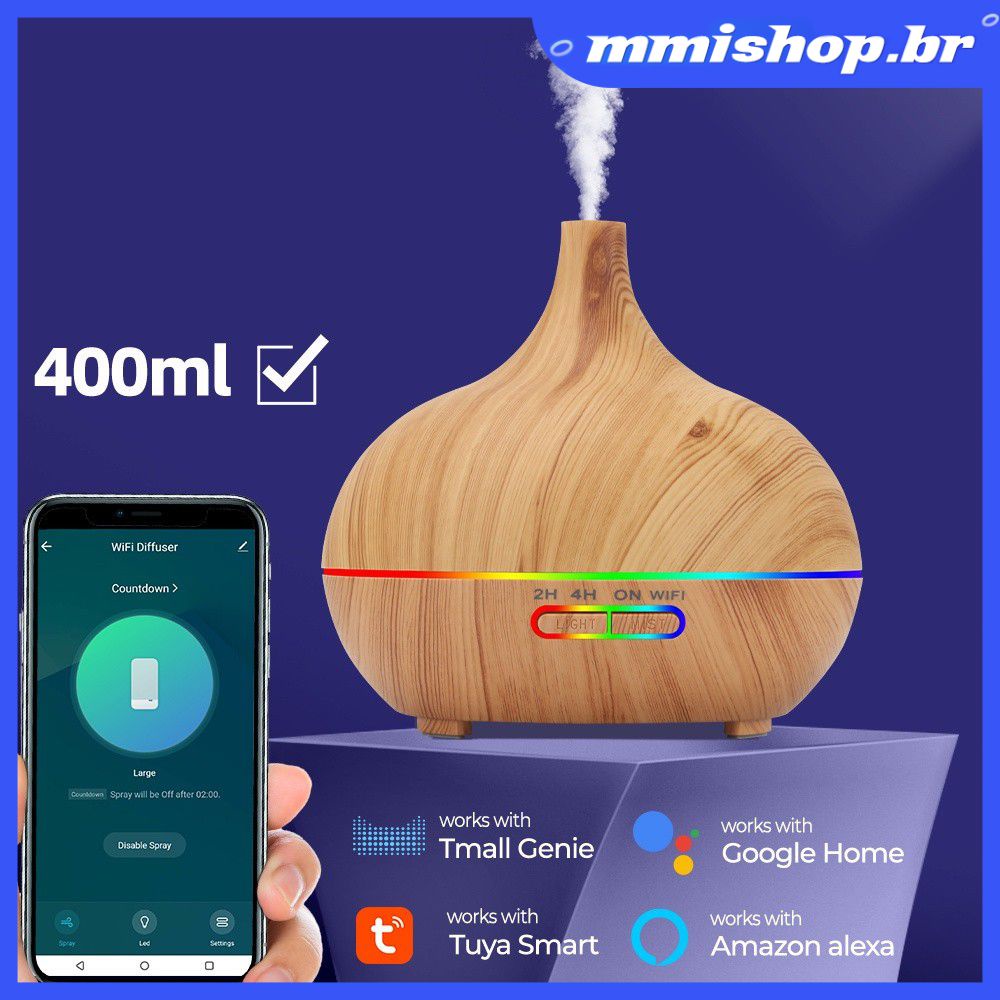 Tuya wifi umidificador de óleo essencial aroma difusor ultra sônico 400ml névoa fabricante luz led casa inteligente app controle trabalho com alexa e google