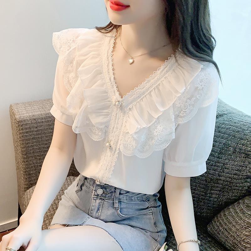 Blusa Branca Moda Feminina Elegante Gola V Manga Curta Camisa Coreana ...