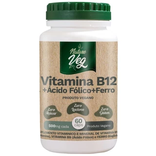 Vitamina B12 + Ácido Fólico + Ferro (Produto Vegano) 60 Cápsulas 500mg - PRONTA ENTREGA!!