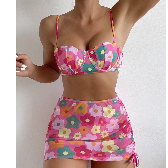 Biquíni conjunto 3 peças com saia curta, tem bojo, biquíni, bikini, conjunto feminino, roupa de banho, roupa de festa, roupa para praia