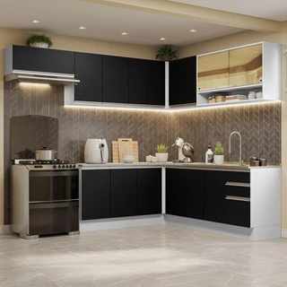 Armário de Cozinha Completa de Canto 469cm Branco/Preto Glamy Madesa 01 em Oferta na Shopee