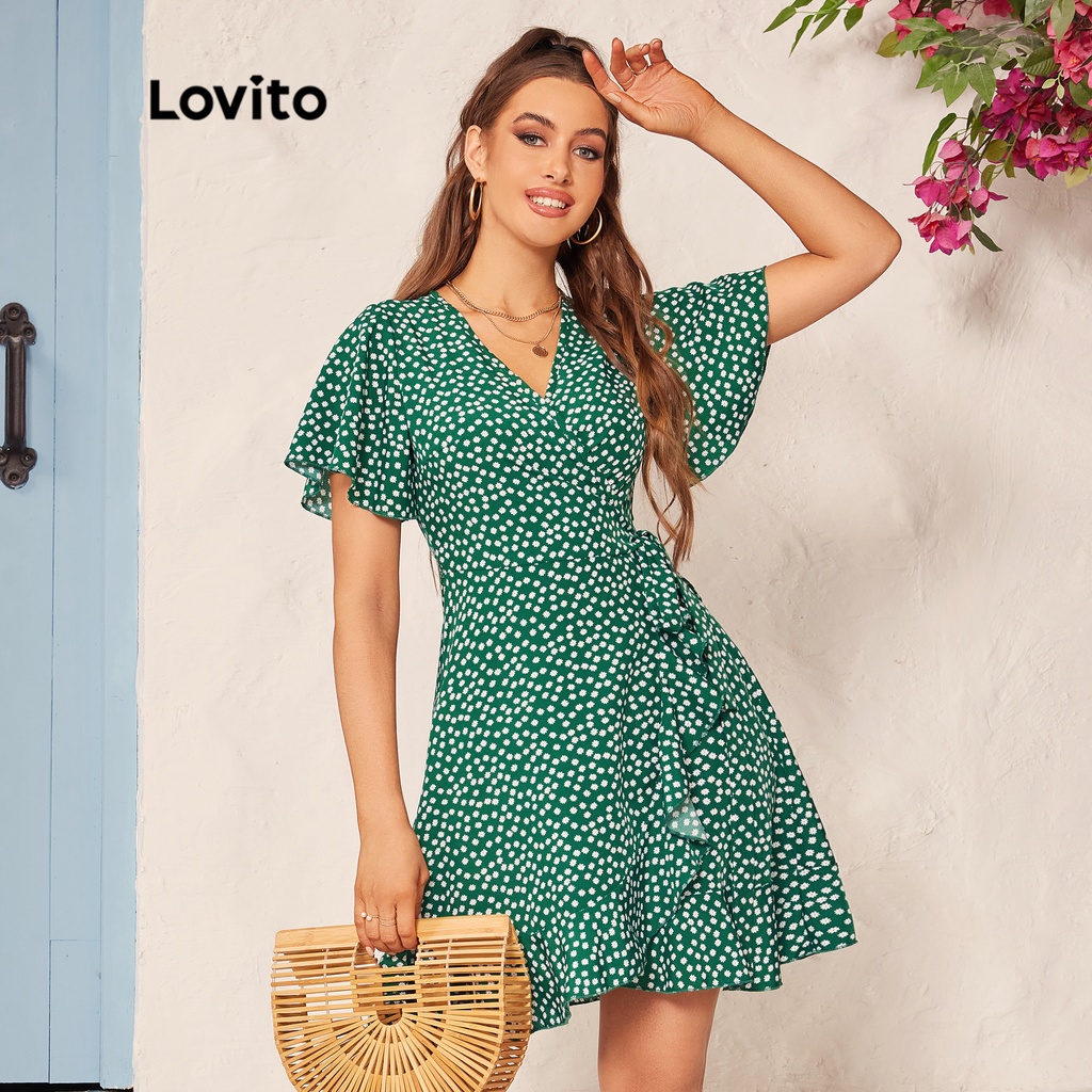 Lovito Casual Ditsy Floral Envoltório Nó De Babado Feminino L39Ld010 (Verde)