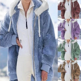 Novo Outono E Inverno Largo Pelúcia Zíper Com Capuz Casaco De Lã Feminino