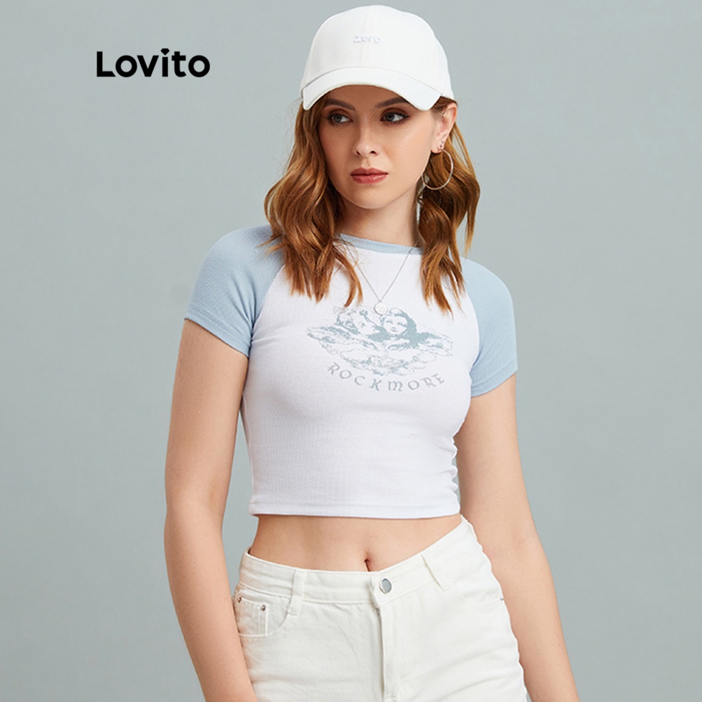 Lovito Camiseta Cropped Com Estampa De Cor S Lida L Cinza