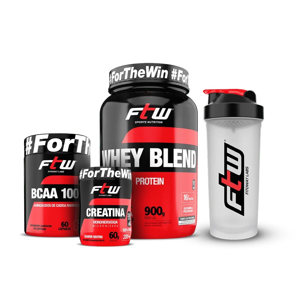 Combo Whey Blend 900g + Creatina 60g + Bcaa 60caps + Coqueteleira MORANGO – FTW