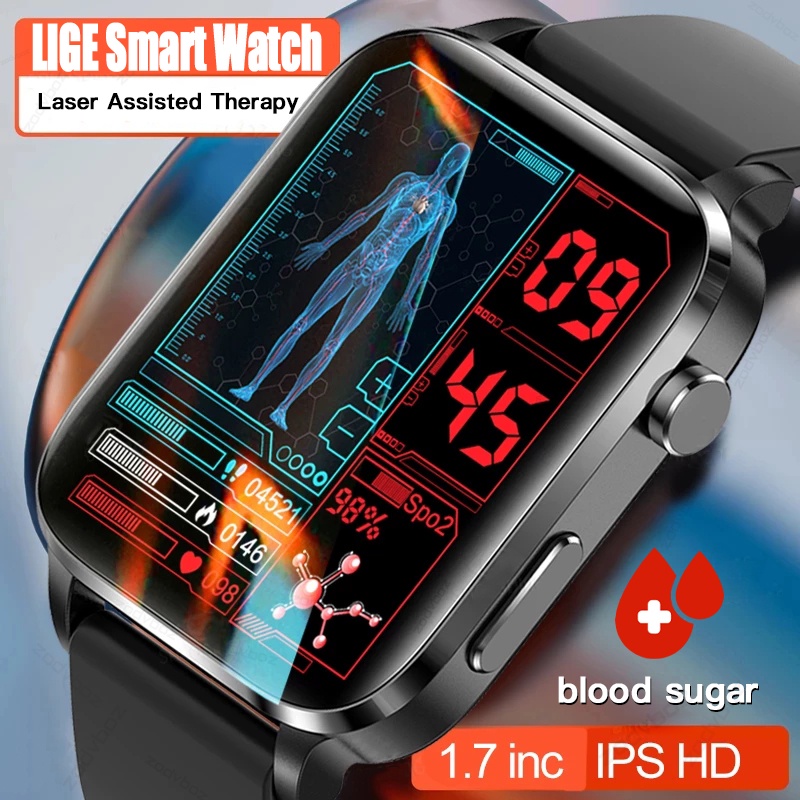LIGE Relógio Inteligente De Açúcar Sangue Não Invasivo Homem Tratamento Laser Saúde Pressão Sanguínea Esporte IP68 Impermeável Mulheres Smartwatch