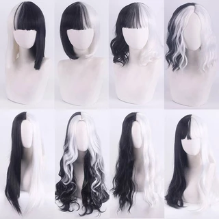 Peruca cos Cruella de Vil Preto Branco Bruxa Cor Combinando Cabelo Curto Enrolado