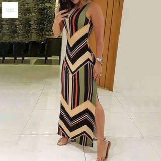 【moda】Vestido Feminino Listrado Estampado Fino Sexy Com Fenda Saia Longa Sem Mangas
