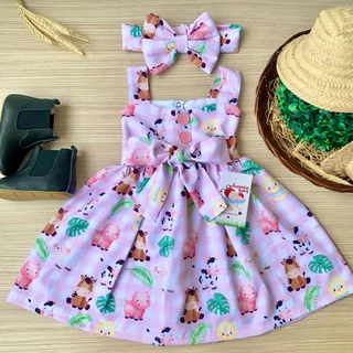 Vestido Fazendinha Rosa Vaquinha Lili + faixinha de cabelo
