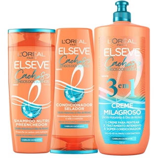 Kit Shampoo Condicionador 200ml e Creme Milagroso 3 em 1 Cachos Longos dos Sonhos Elseve Loreal Paris Ativo Hialurônico