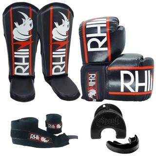 Kit Treino Muaythai Rhino Luva Caneleira Bandagem Bucal