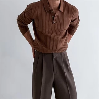 Camisa Polo Britânica Retro Estilo Riscado Lapela Riscada Homem Outono Inverno Coreano Ruya Juvenil Slim-fit Camisa Polo de Manga Longa Camisa Polo Leve Estilo Maduro