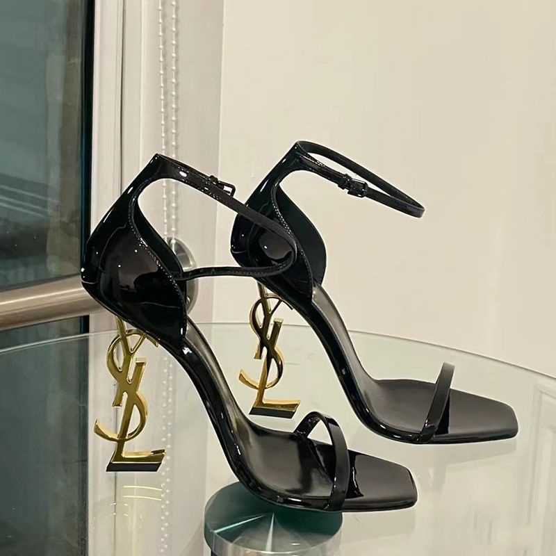 Sapatos de Salto Alto Yves Saint Laurent/ysl Feminino Sexy Letter Heel Flat Fivela Sandálias Metálicas