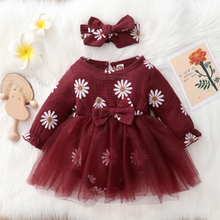 Recém-Nascido Baby Girl Romper Vestido De Manga Longa Flores Impressão Tulle Bodysuit Festa De Férias Potógrafo Roupa Fofa