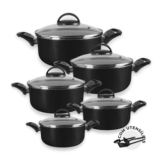 Jogo de Caçarolas Preto 5 Peças + Utensílios + Tampa de Vidro