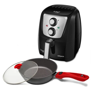 Airfryer Ichef AllSpace Inox Black e Panela Ichef Ultra Day By Day e Tampa Ichef 24Cm Vermelha