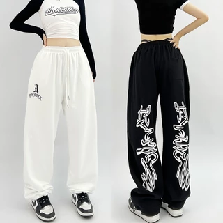 Calça De Moletom Preto Hip Hop Marca Feminina Larga Jazz Dança Calças Pretas Estampadas Casual