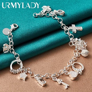 URMYLADY 925 Sterling Silver Lock Moon Heart Cross Charm Chain 20CM Pulseira Para Mulheres Homem Casamento Festa De Noivado Moda Joias