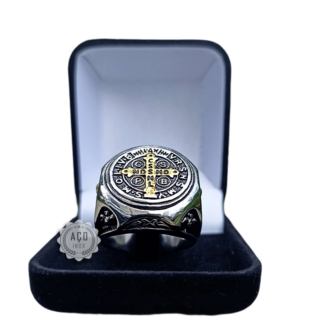 Anel Medalha Sao Bento Grande Aço Inox Cruz Sagrada Fé