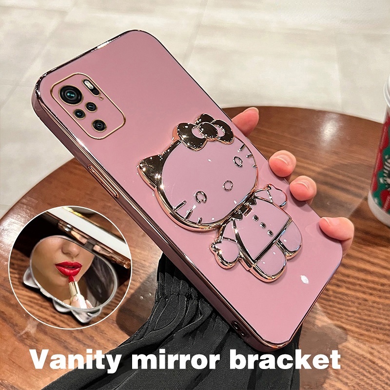 Capinha Celular Xiaomi Redmi Note 10S 10 4G/10 Pro/ 10 5G/ 10 Pro Max Olá kittey Com Suporte De Espelho De Maquiagem Macaron Proteção De Câmera De Luxo