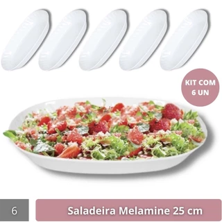 6 Saladeiras Tigelas Travessas Oval Melamine Branca 25 Cm