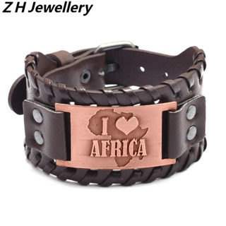 [Z H Jewelry] Viking Moda Masculina " I LOVE Africa " Pulseira De Couro Tecido De Aço Inoxidável/Jóias De Festa Acessórios 18.5CM ~ 21.5CM