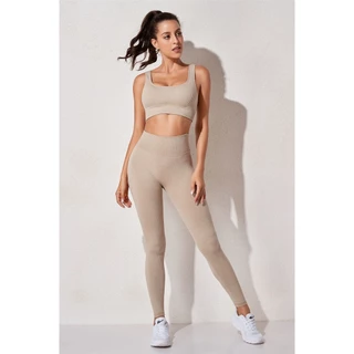 Conjunto Canelado Academia Feminino Ioga Sem Costura Top e Leggings Moda Canelado Cropped Roupa
