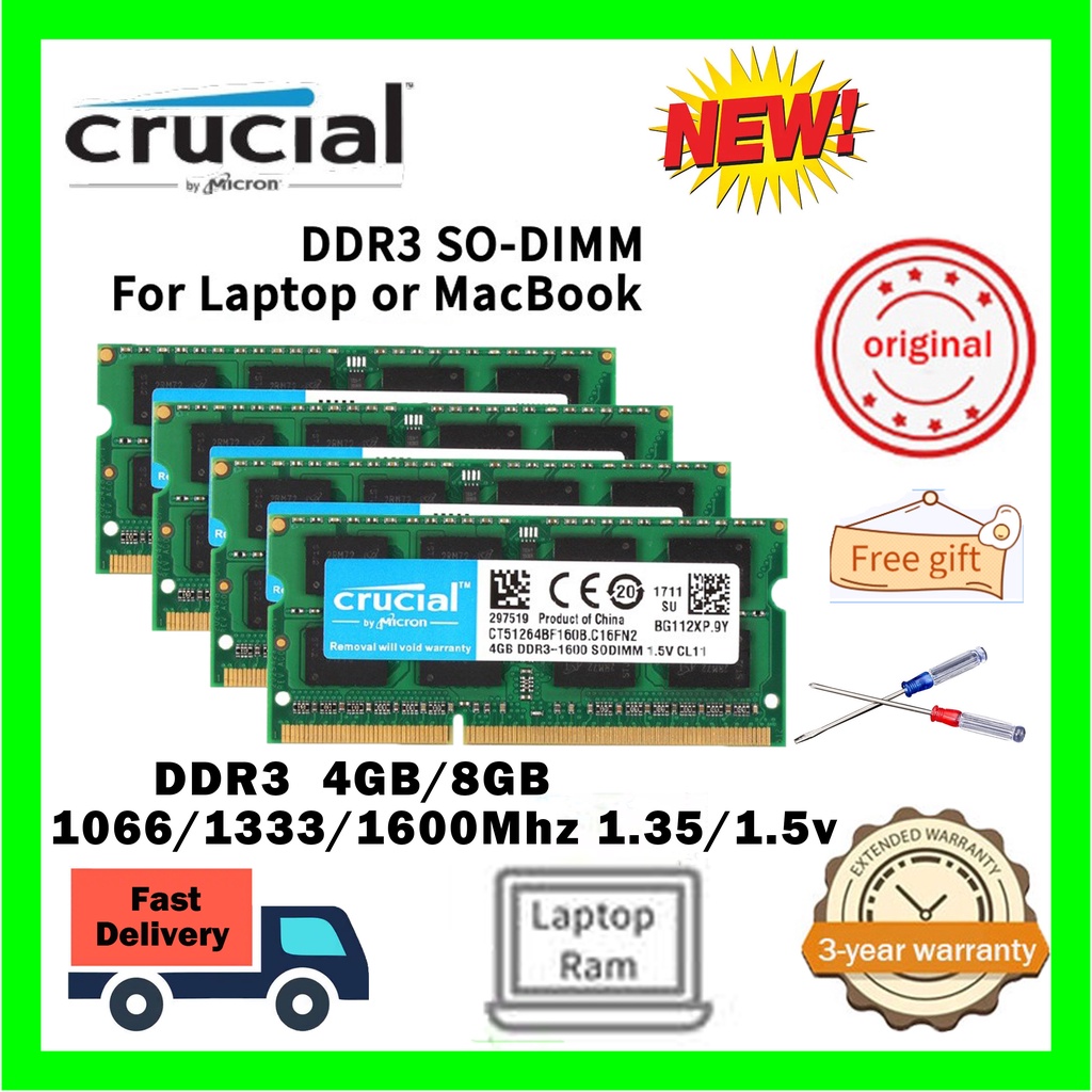 Crucial 4GB 8GB DDR3 1600Mhz Notebook Macbook Memória RAM PC3L-12800S 1.35V SODIMM