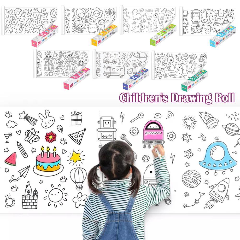 Papel para Colorir,Rolo de desenho infantil interessante 35,43 x 11,8 pol  Papel para colorir pegajoso - Conjunto de adesivos para colorir de parede  para crianças, presente de brinquedo Rianpesn
